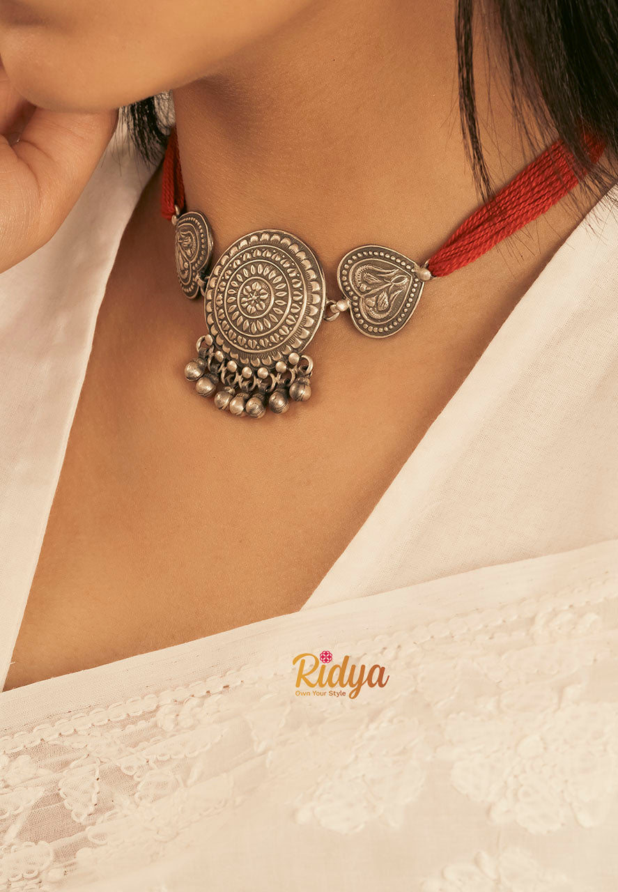 925 Silver Necklace-Intricate Details Chakra and Paan Classic Choker (2) Ridya Fashions