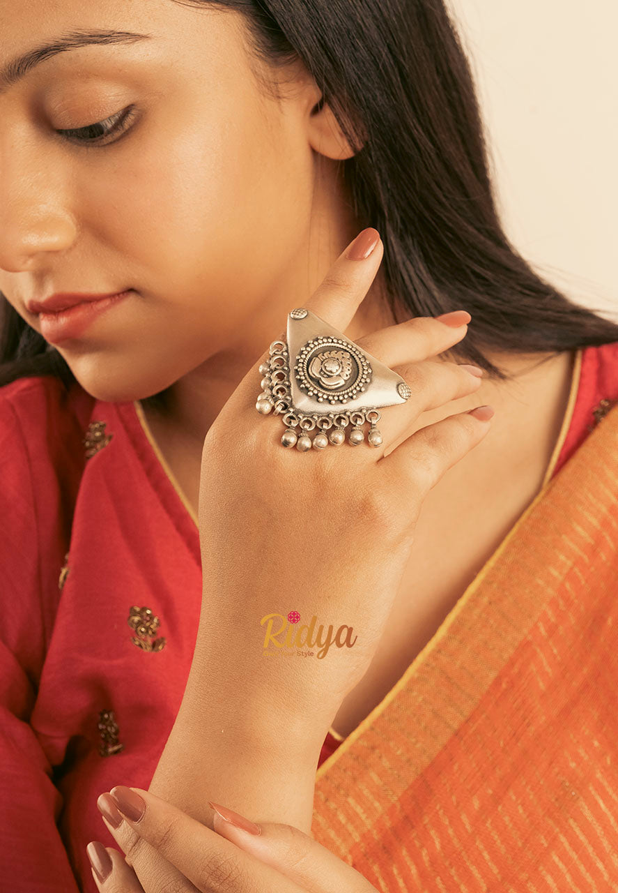 925 Silver Rings-Intricate Details Tribal Inspired Triangle Ring (1) Ridya Fashions