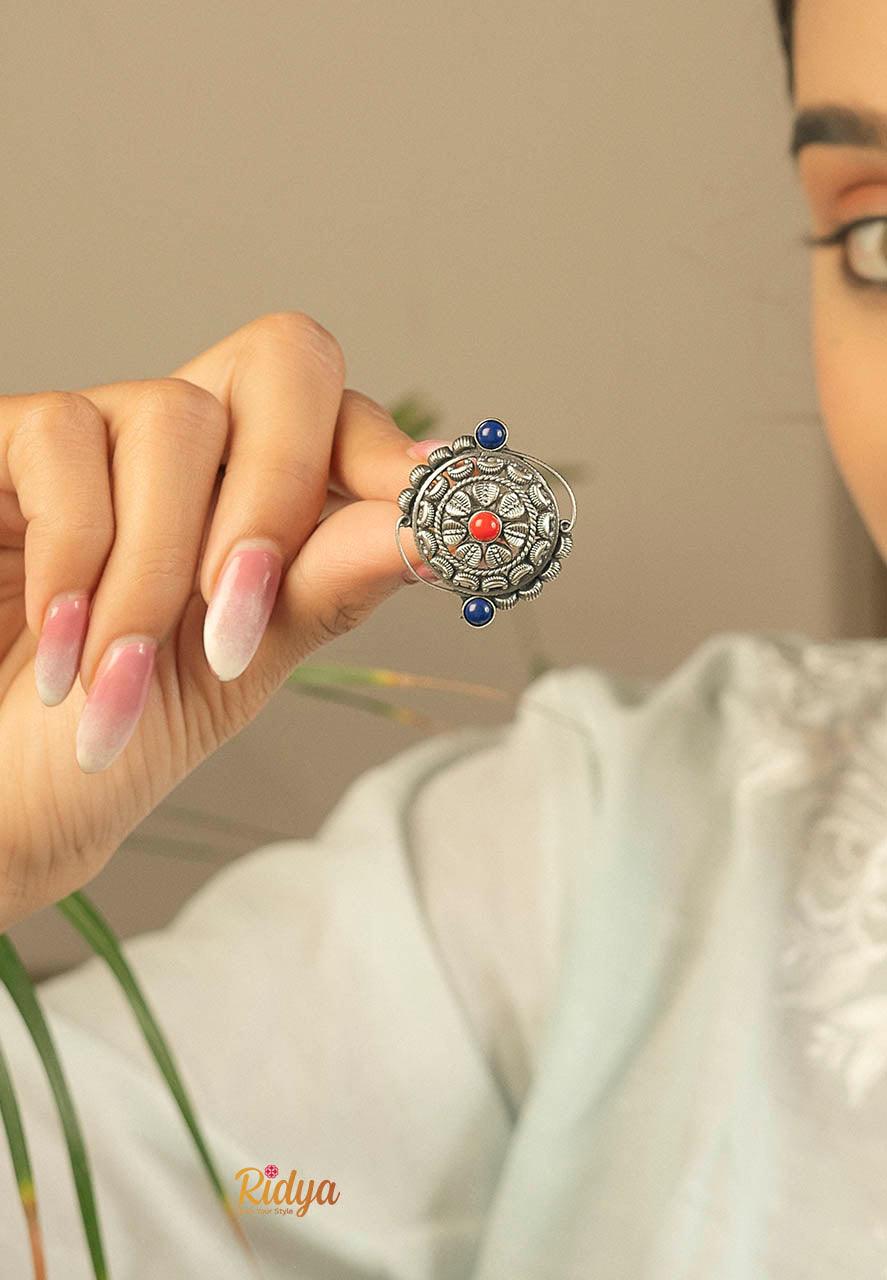 Designer Silver Ring-Intricate Kolhapuri Coral and Blue Ring (1) Ridya Fashions