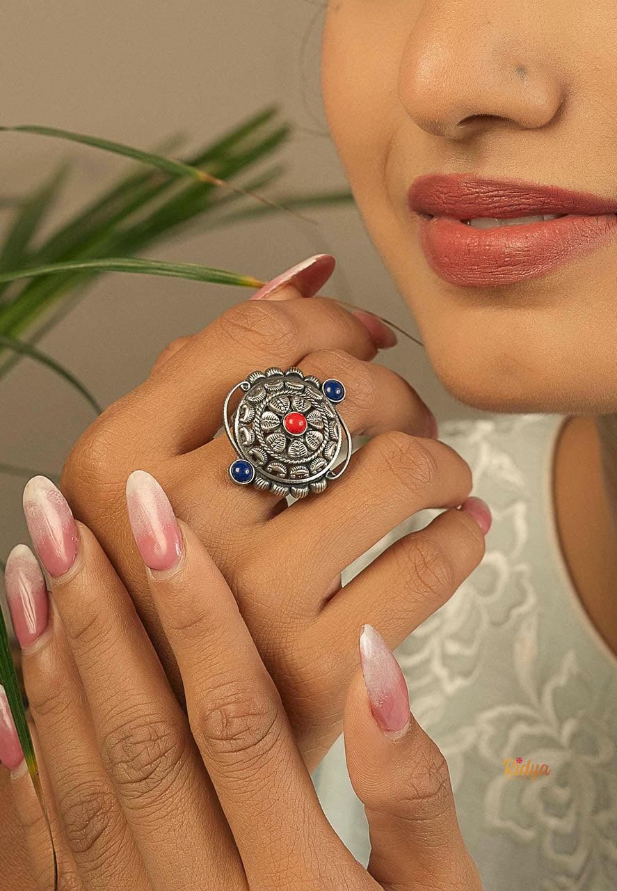 Designer Silver Ring-Intricate Kolhapuri Coral and Blue Ring (2) Ridya Fashions