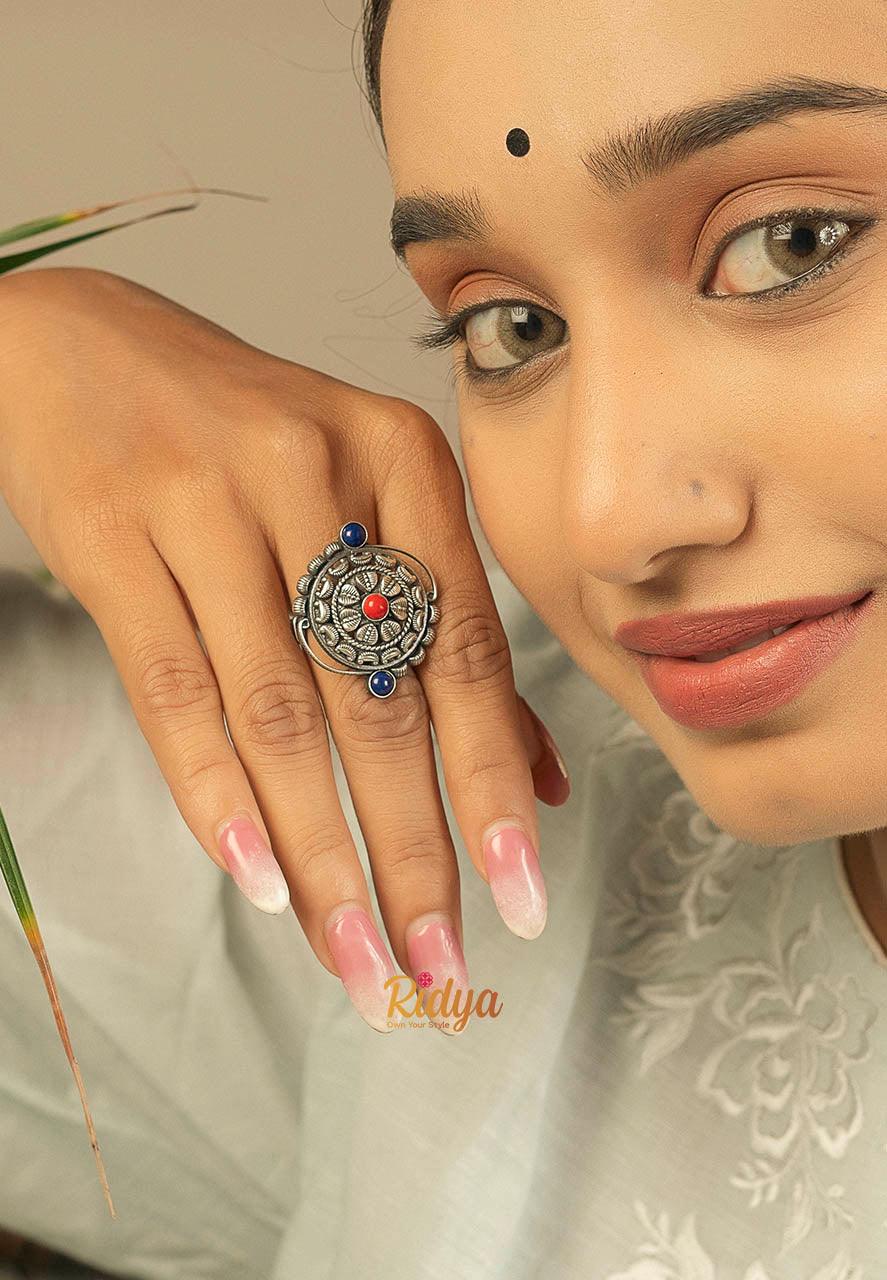 Designer Silver Ring-Intricate Kolhapuri Coral and Blue Ring (3) Ridya Fashions