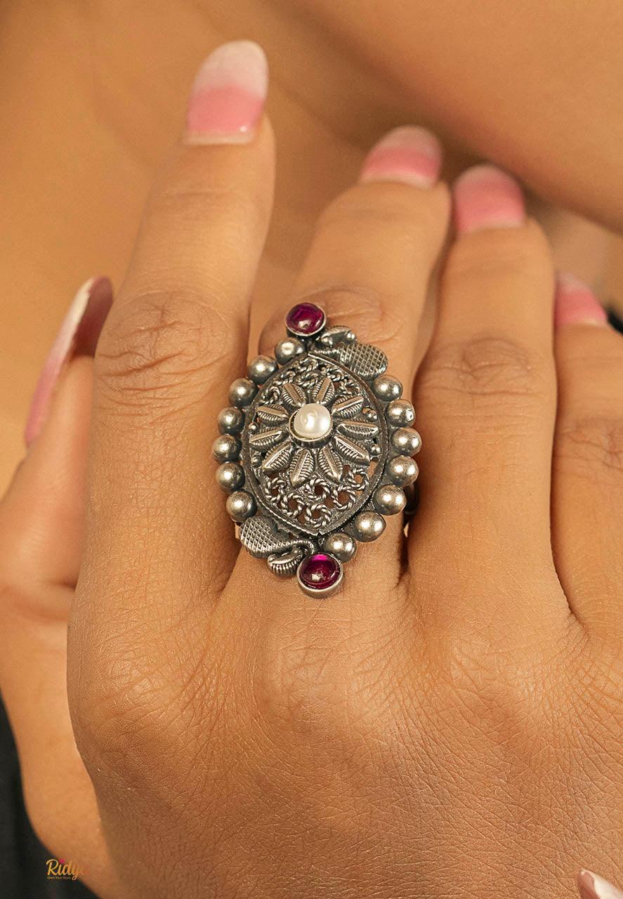 Designer Silver Ring- Intricate Kohlapuri Pink Stone Ring (2) Ridya Fashions