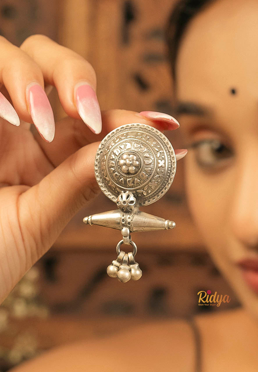 925 Pure Silver Earrings-Intricate Sequence Circle on Cone Tribal Inspired Earring (2) Ridya Fashions