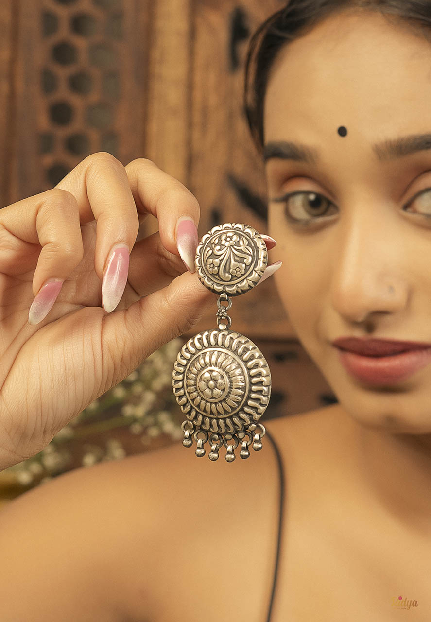 925 Pure Silver Earrings-Intricate Sequence Circle On Circle Dangler Earrings (2) Ridya Fashions