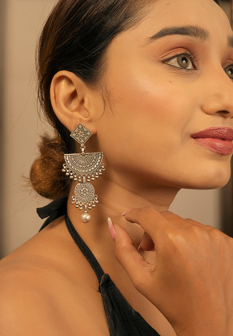 925 Pure Silver Earrings-Intricate Sequence Half Moon and Full Moon Ball Drop Dangler Earrings (3) Ridya Fashions