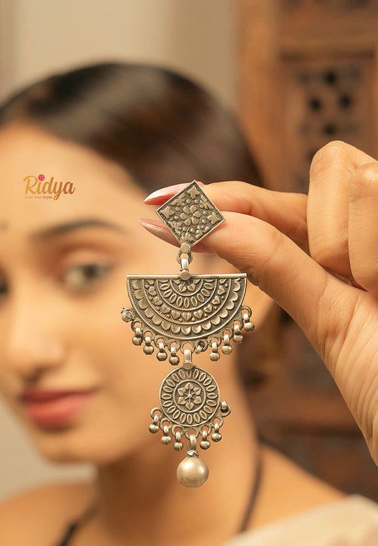 925 Pure Silver Earrings-Intricate Sequence Half Moon and Full Moon Ball Drop Dangler Earrings (1) Ridya Fashions