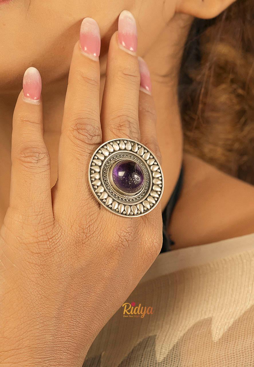 Designer Silver Ring-Intricate details embossed Amethyst Ring (2) Ridya Fashions