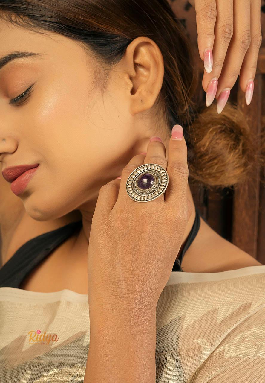 Designer Silver Ring-Intricate details embossed Amethyst Ring (3) Ridya Fashions