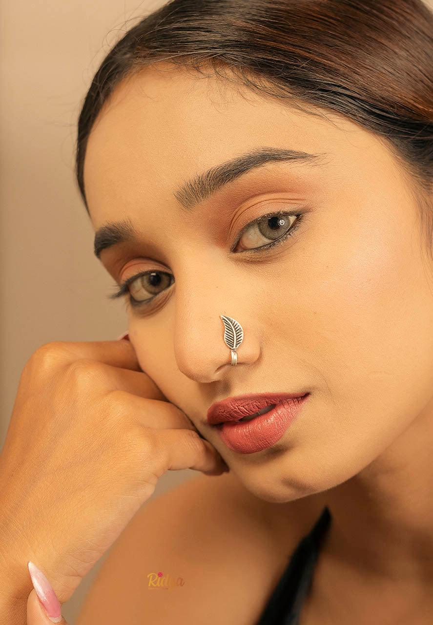 925 Silver Nose Pins-Intricate details leaf Clip on Nose Pin (2) Ridya Fashions