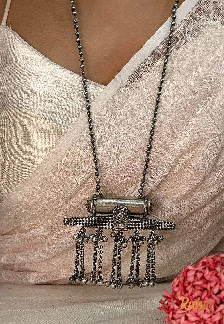 Statement Silver Necklace- Jaali Work Ball Chain Statement Long Necklace (2) Ridya Fashions