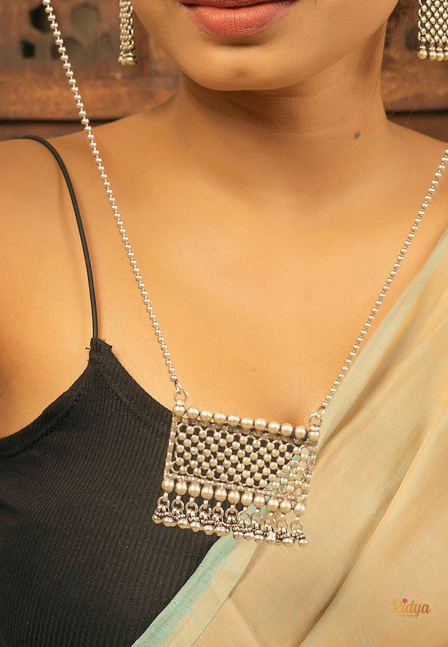 925 Pure Silver Necklace-Jaali Pendant Elegant Ball Chain Necklace (4) Ridya Fashions