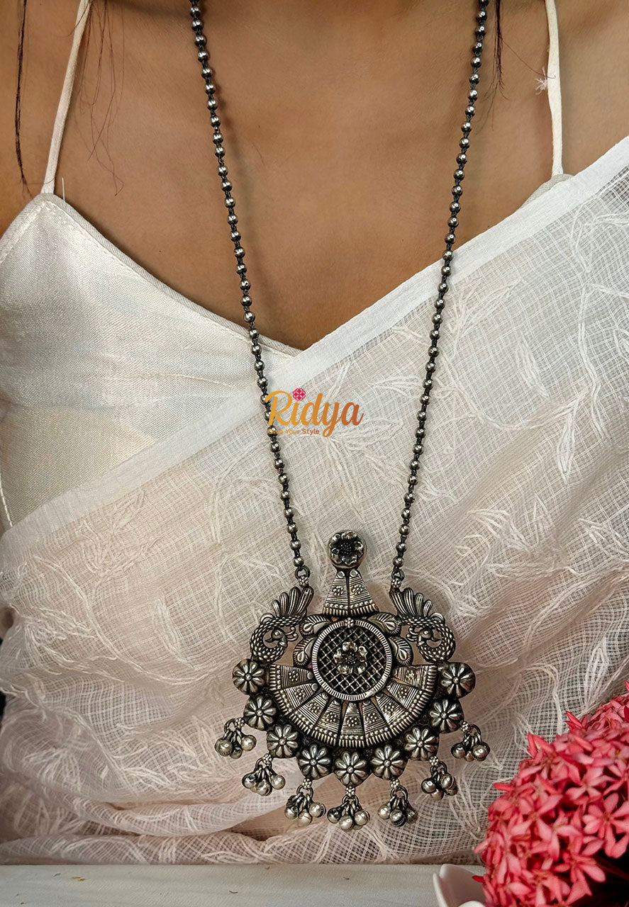 Pure Silver Necklace Set-Jaali Carving Statement Ball Chain Necklace and Earring Set (3) Ridya Fashions