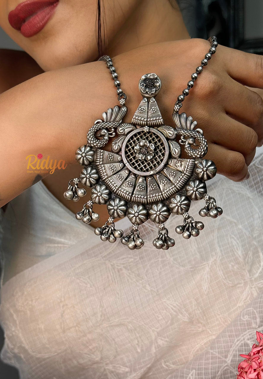 925 Silver Necklace Online-Fine Jaali Carving Statement Ball Chain Necklace (4) Ridya Fashions