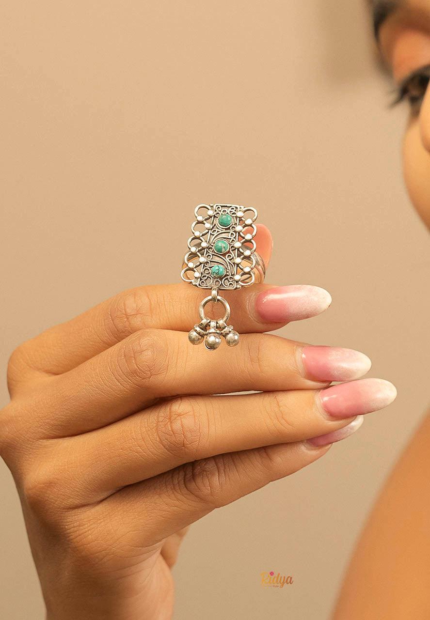 Ladies Silver Ring-Jaali Turquoise Ring (2) Ridya Fashions