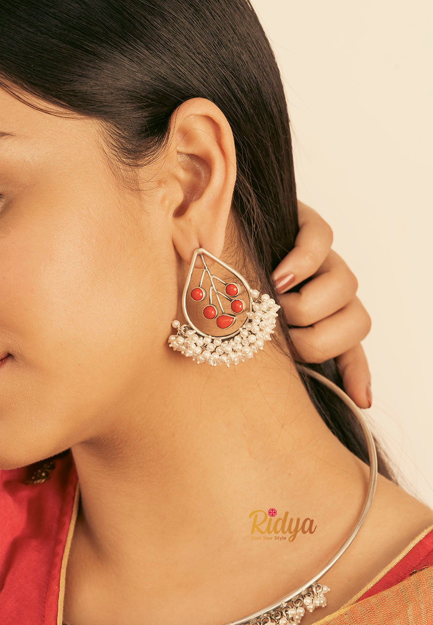 925 Silver Earrings-Leaf Detailed Pearl Red Stone Earrings (1) Ridya Fashions