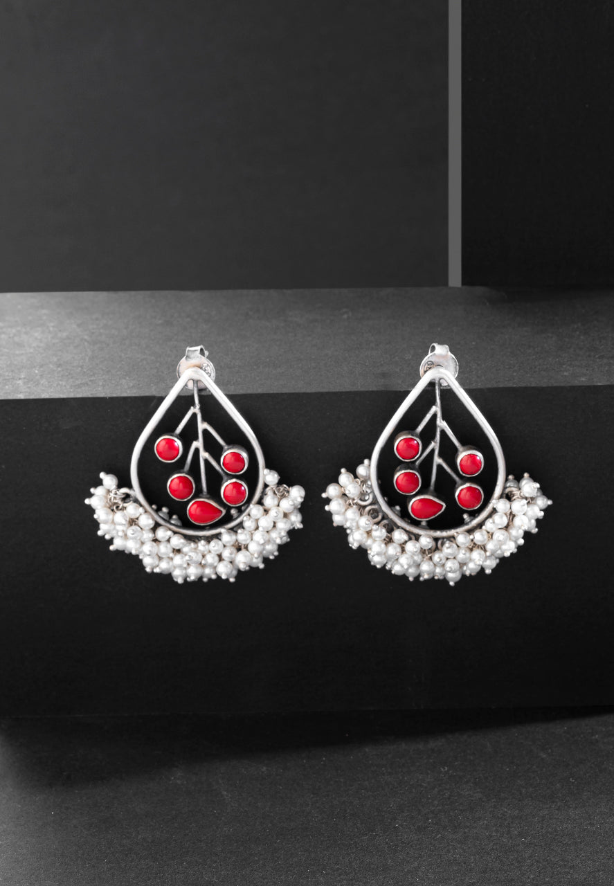 925 Silver Earrings-Leaf Detailed Pearl Red Stone Earrings (3) Ridya Fashions