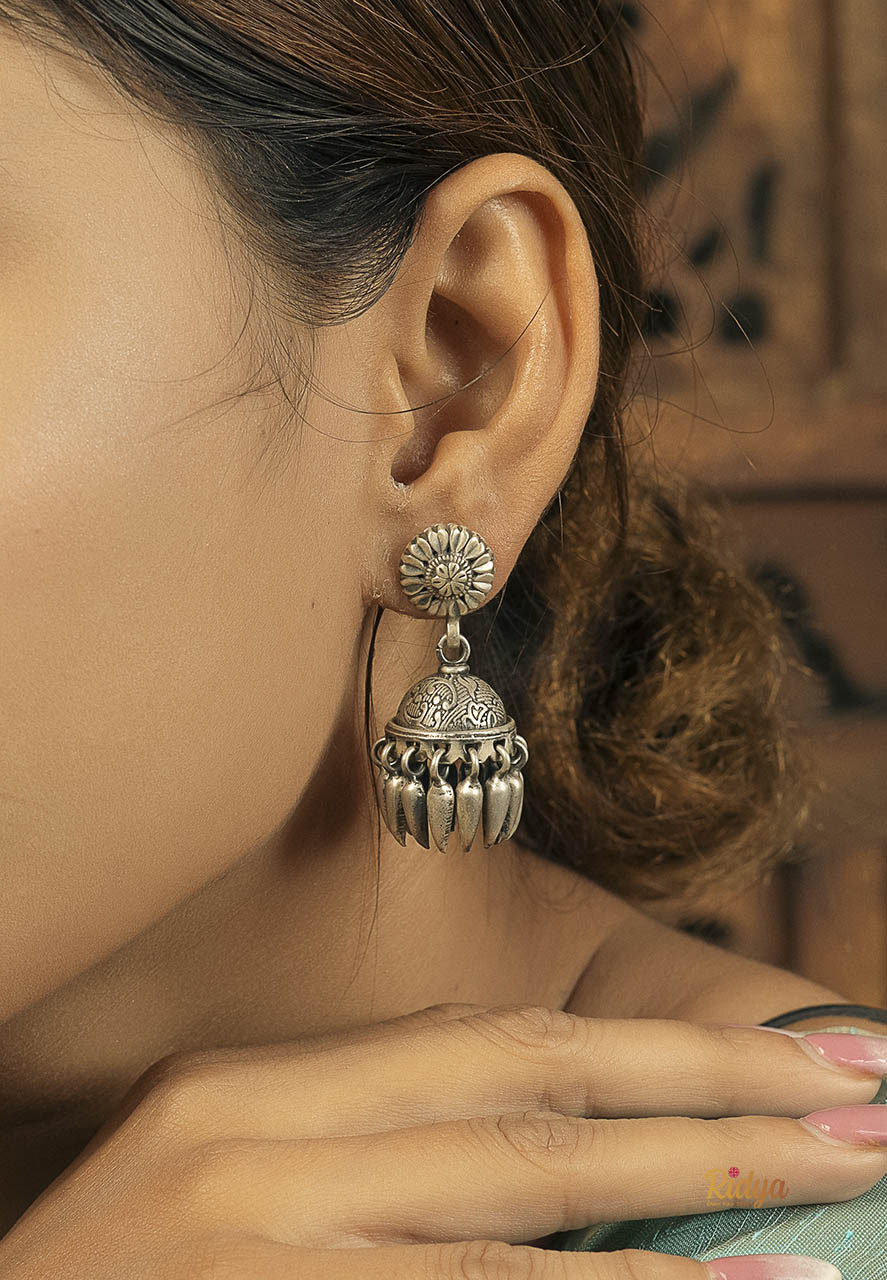 925 Silver Earrings- Leaf Droplets Classic Jhumka Earrings (2) Ridya Fashions