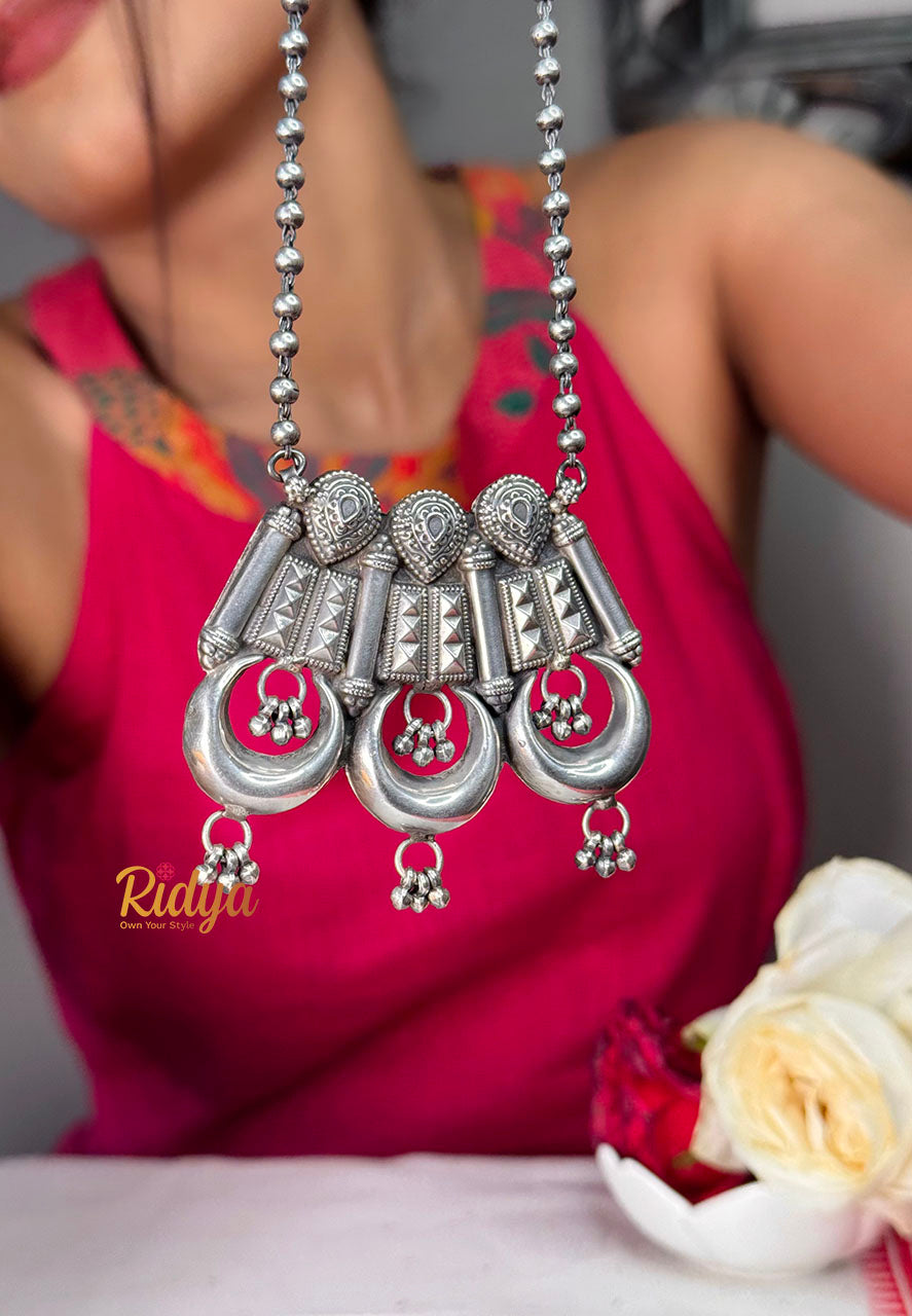 Designer Silver Necklace Design-Triple Moons Statement Long Necklace (4) Ridya Fashions