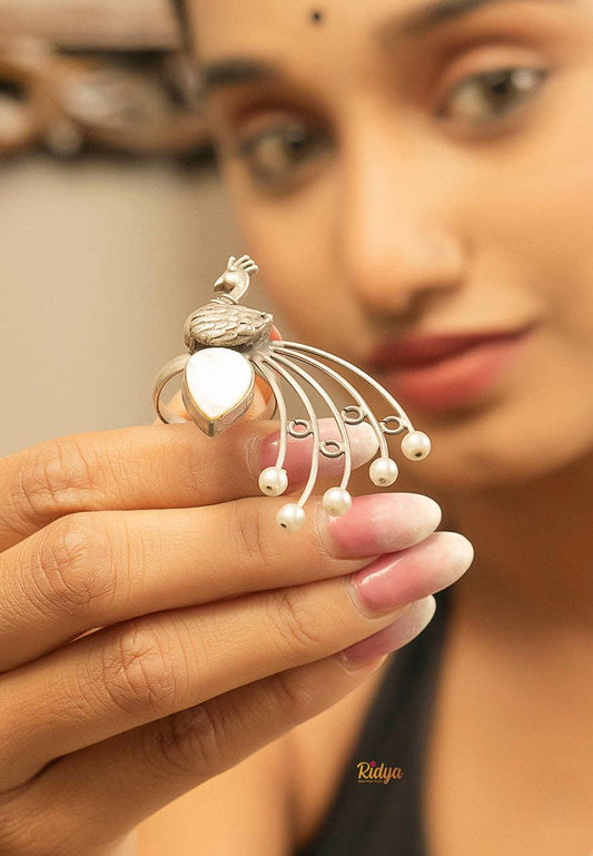 Designer Silver Ring-Peacock on a Pearl Statement Ring (1) Ridya Fashions