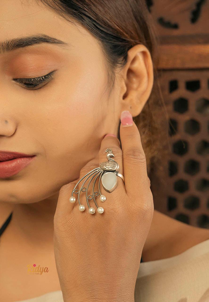 Designer Silver Ring-Peacock on a Pearl Statement Ring (2) Ridya Fashions