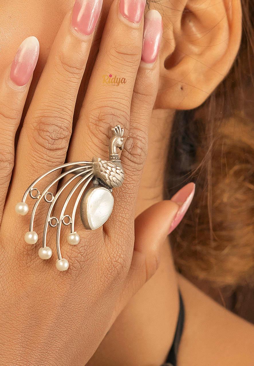 Designer Silver Ring-Peacock on a Pearl Statement Ring (3) Ridya Fashions