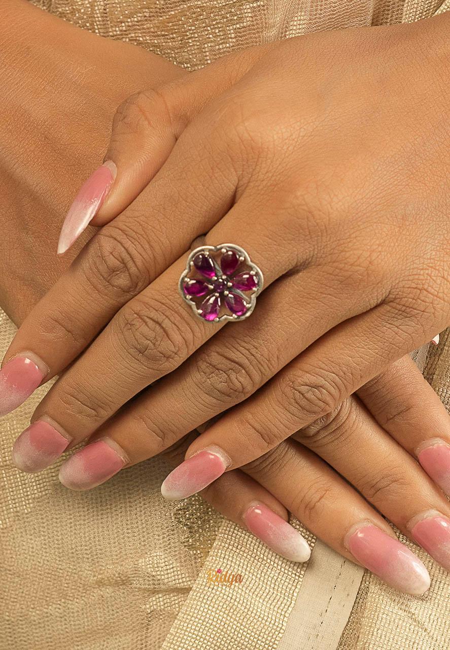 Silver Ring For Women-Pink Flower Versatile Ring (3) Ridya Fashions