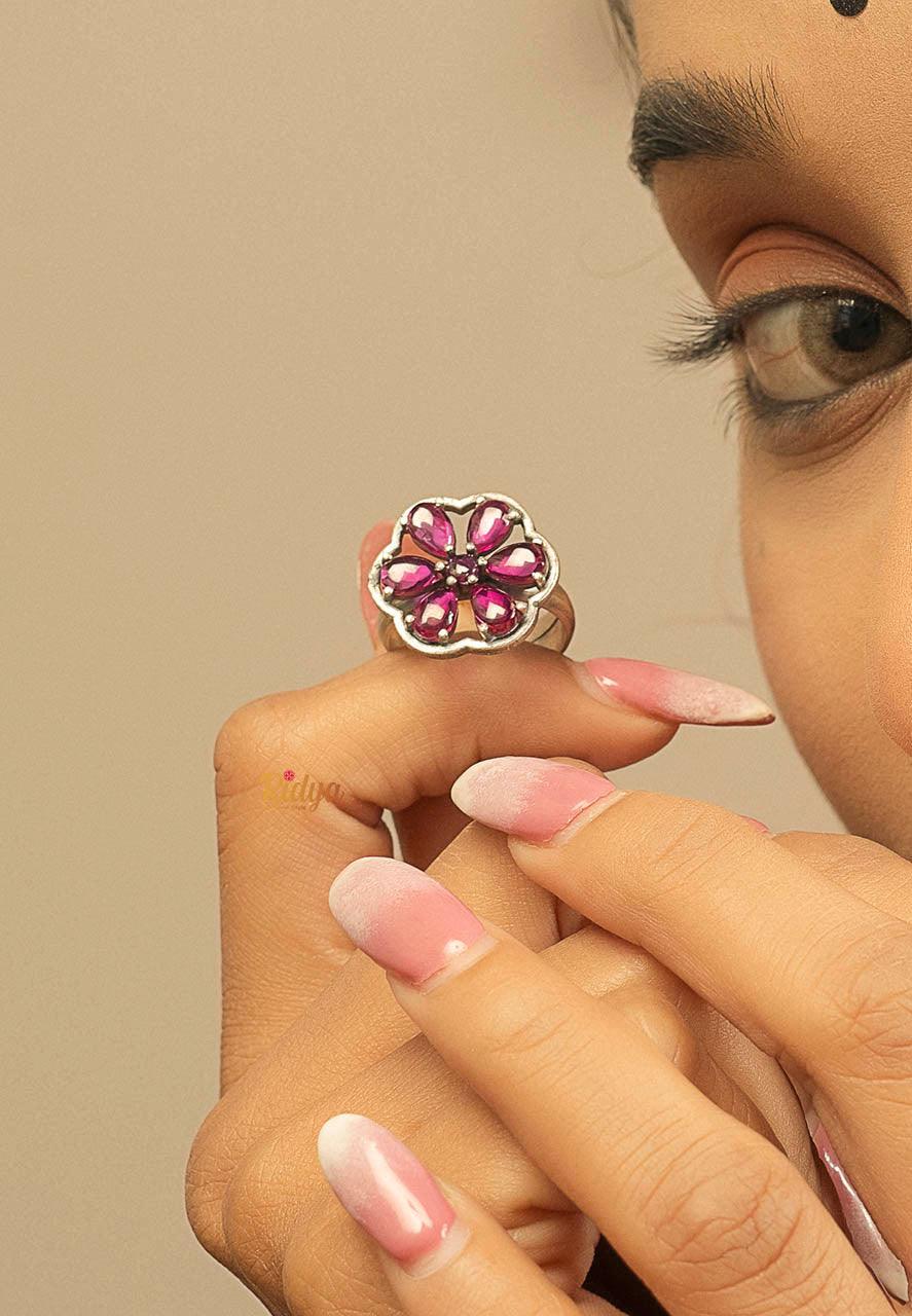 Silver Ring For Women-Pink Flower Versatile Ring (1) Ridya Fashions