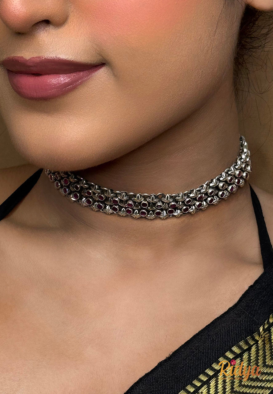 Shop Pure Silver Choker Necklace- Pink Stone Jadau Three Layer Choker Necklace (4) Ridya Fashions