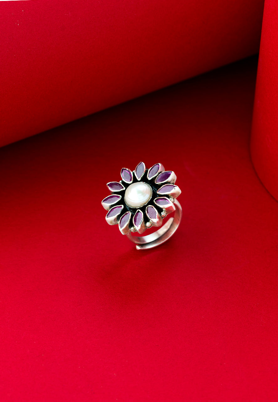 925 Silver Rings-Pink Stone Pearl Adorned Flower Festive Ring (4) Ridya Fashions