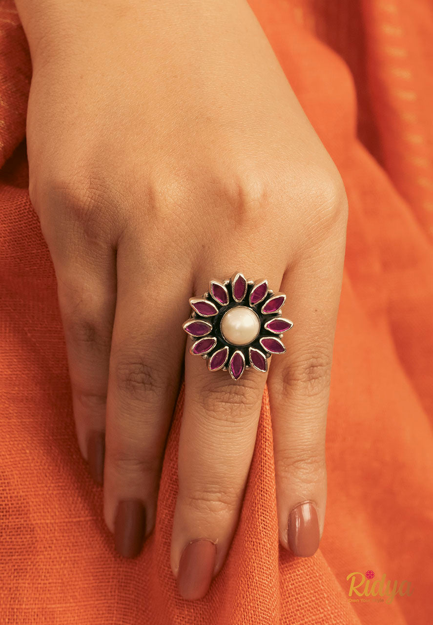 925 Silver Rings-Pink Stone Pearl Adorned Flower Festive Ring (3) Ridya Fashions