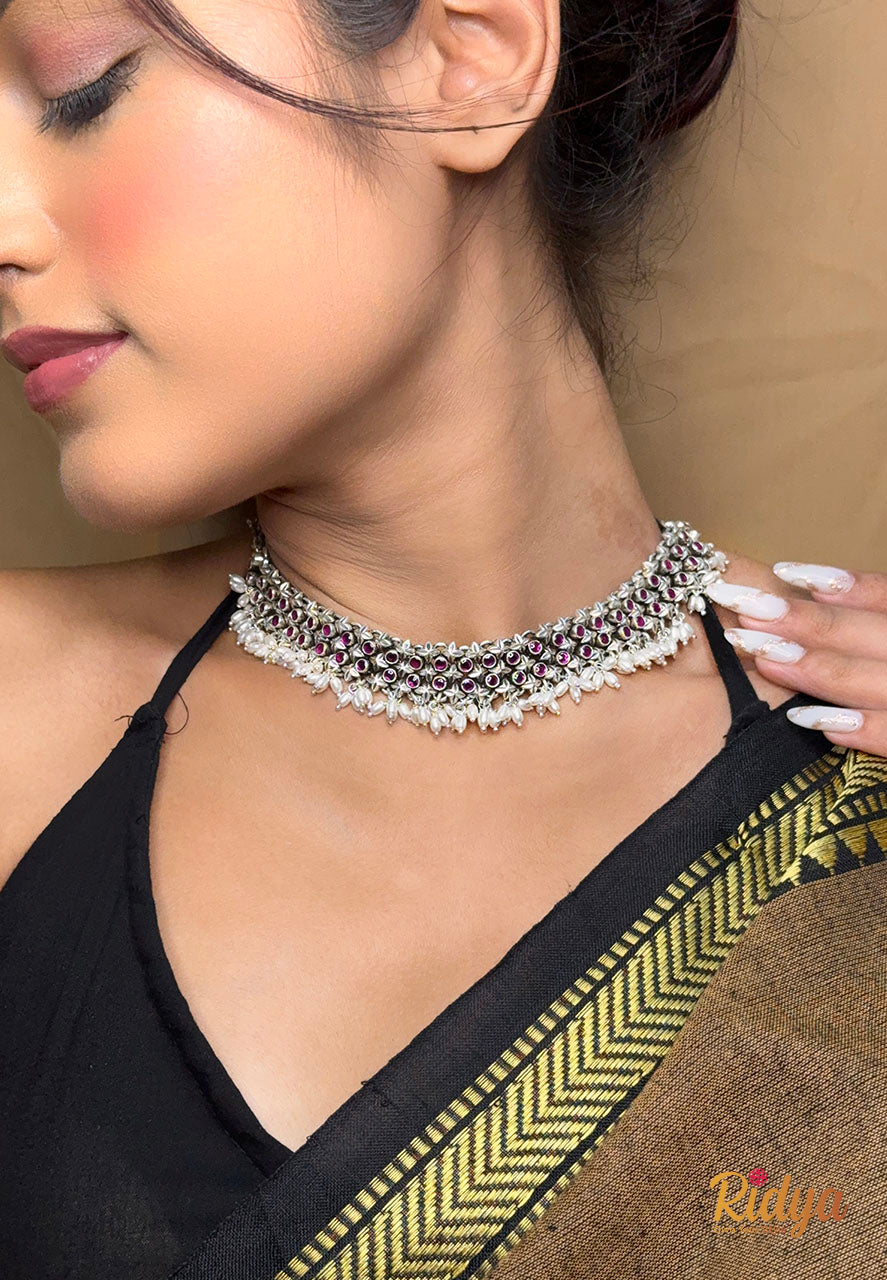 Shop Pure Silver Necklace- Pink Stone with Pearl Drops Jadau Three-Layer Necklace (2) Ridya Fashions