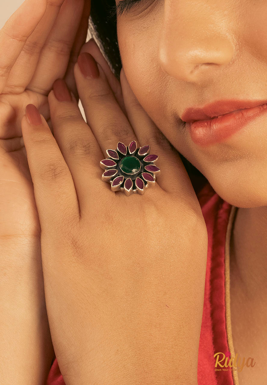 Silver Rings-Pink and Green Stone Flower Festive Ring (2) Ridya Fashions