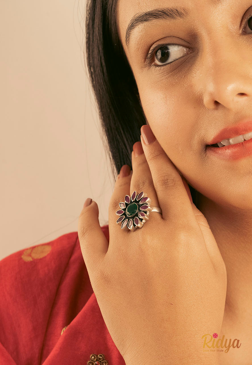 Silver Rings-Pink and Green Stone Flower Festive Ring (3) Ridya Fashions