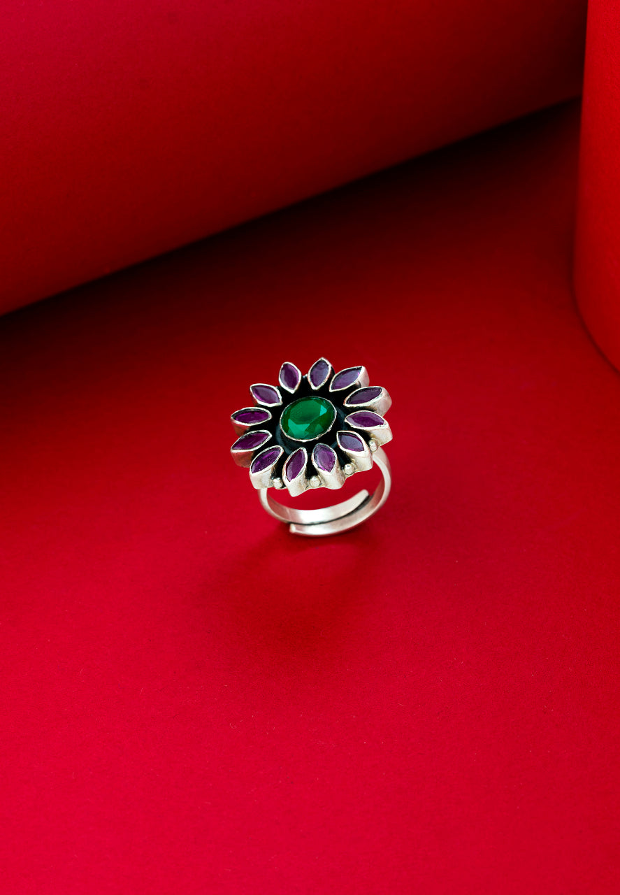 Silver Rings-Pink and Green Stone Flower Festive Ring (1) Ridya Fashions