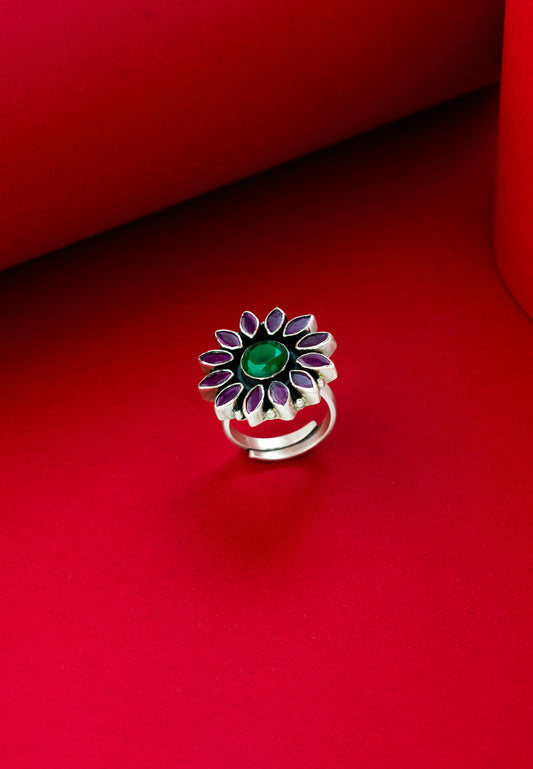 Silver Rings-Pink and Green Stone Flower Festive Ring (1) Ridya Fashions