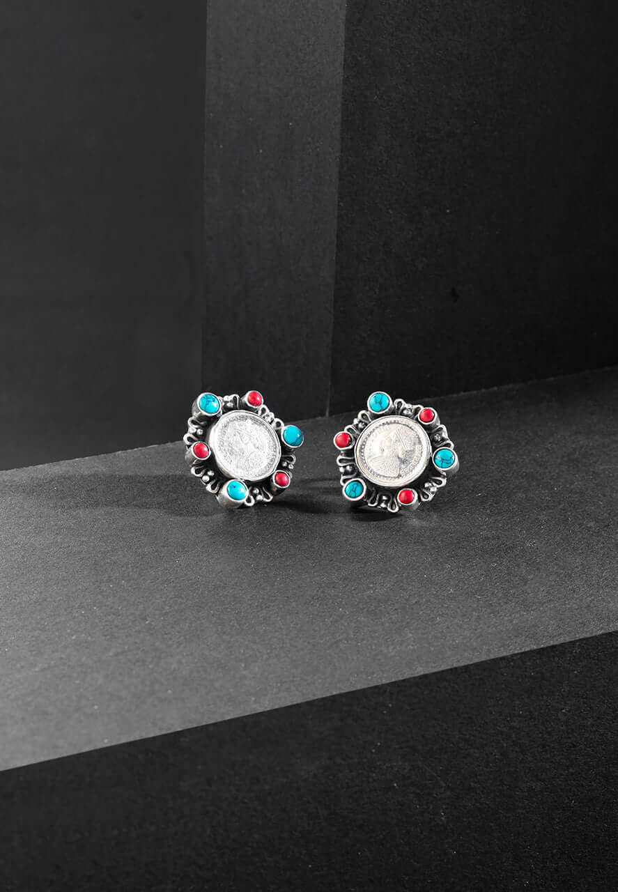 925 Silver Earrings- Queen Victoria Coral and Turquoise Studs (3) Ridya Fashions