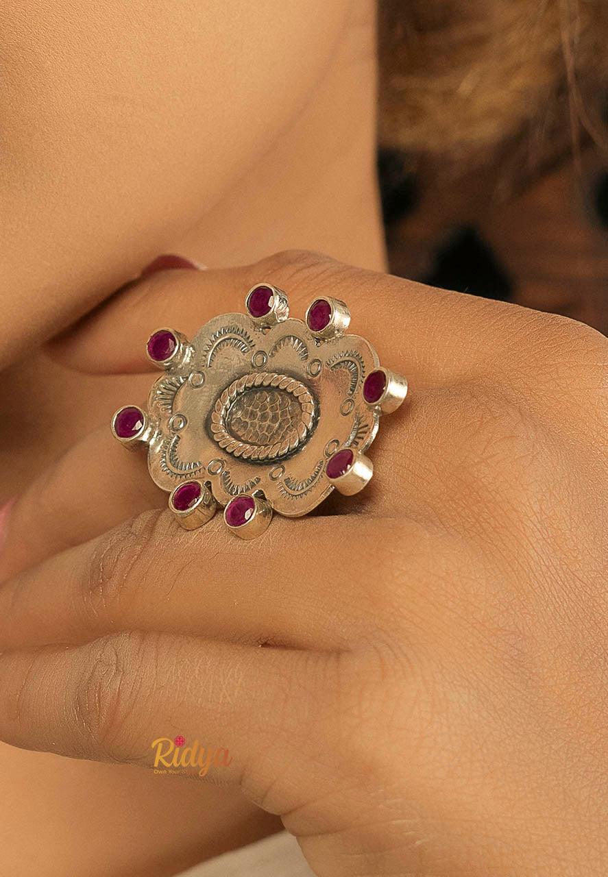 925 Pure Silver Rings-Scallop Edges Pink Stone Quirky Ring (3) Ridya Fashions