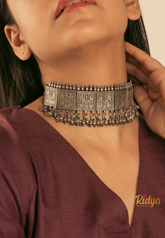 925 Silver Necklace-Sequence of Square Peacock Motifs Classic Choker Necklace (1) Ridya Fashions