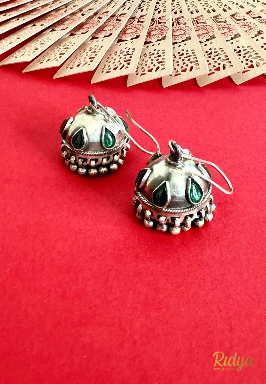 Buy Pure Silver Jhumka Online-Green Stone Fish Hook Jhumka Earrings(1) Ridya Fashions