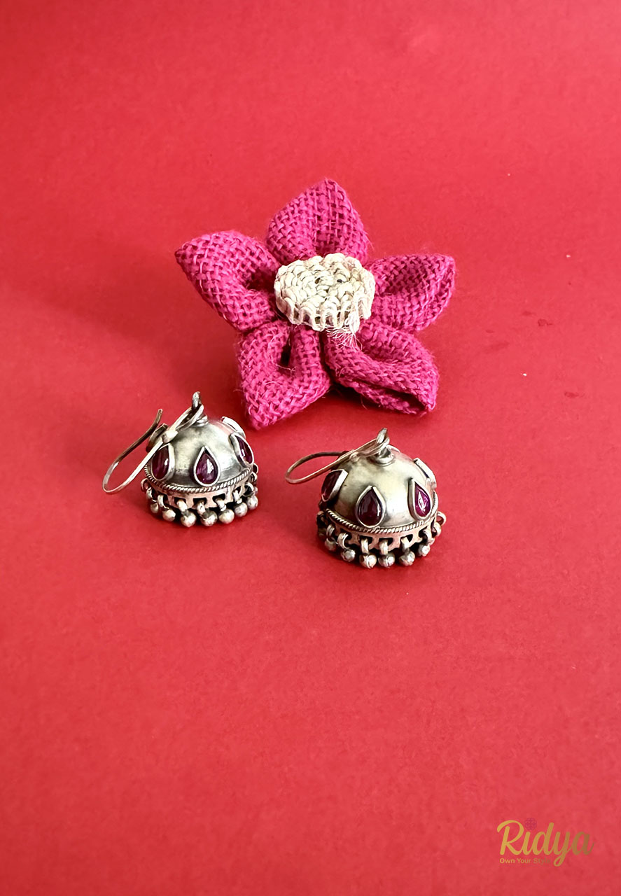  Buy Pure Silver Jhumka Online-Pink Stone Fish Hook Jhumka Earrings (3) Ridya Fashions