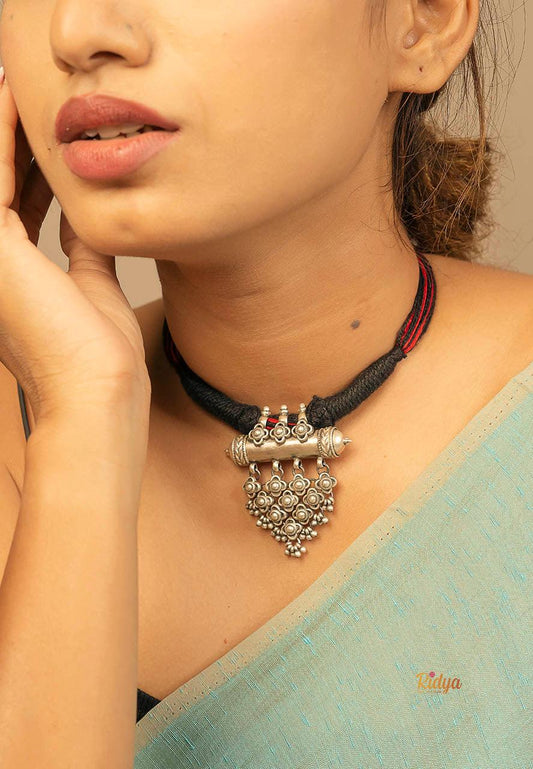 925 Pure Silver Necklace-Tiny Carved Flowers Tribal Inspired Necklace (1) Ridya Fashions