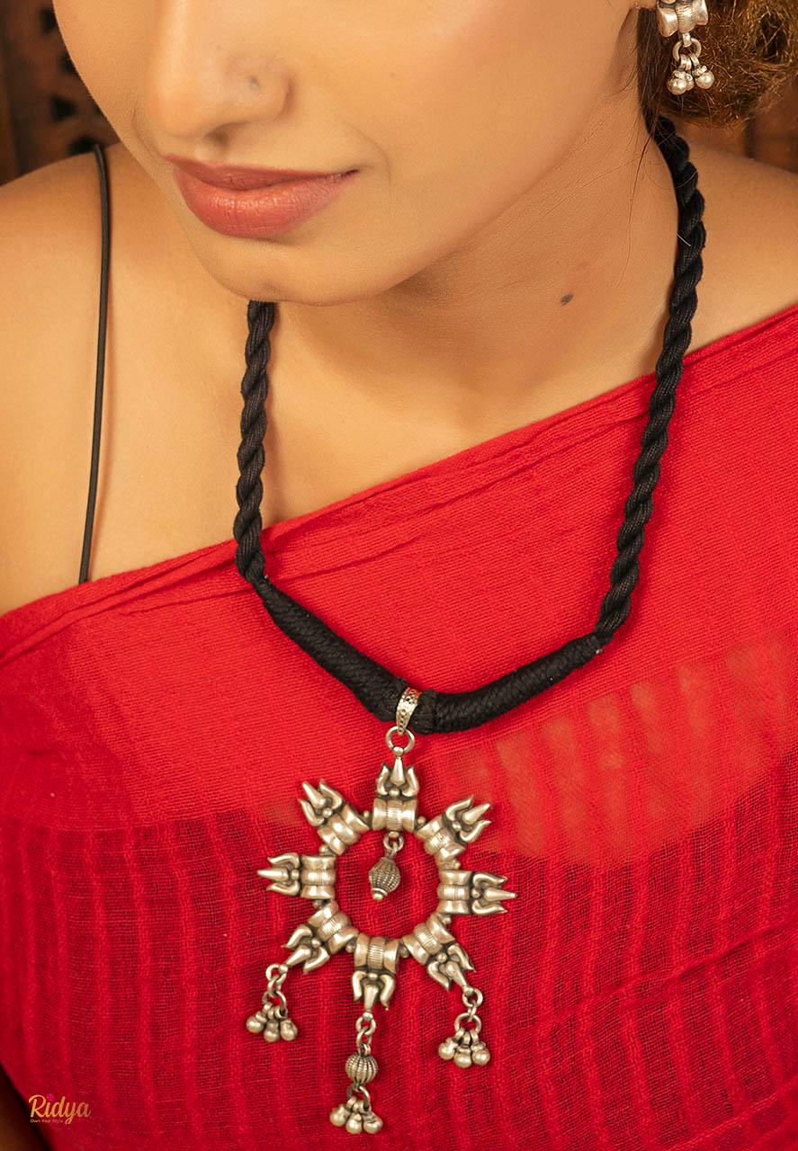 925 Silver Necklace Online-Trishul Ghungru Classic Thread Necklace (2) Ridya Fashions