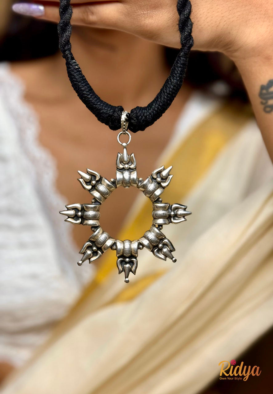 Pure Silver Necklace Design-Shiva Damru Trishul Thread Necklace (2) Ridya Fashions