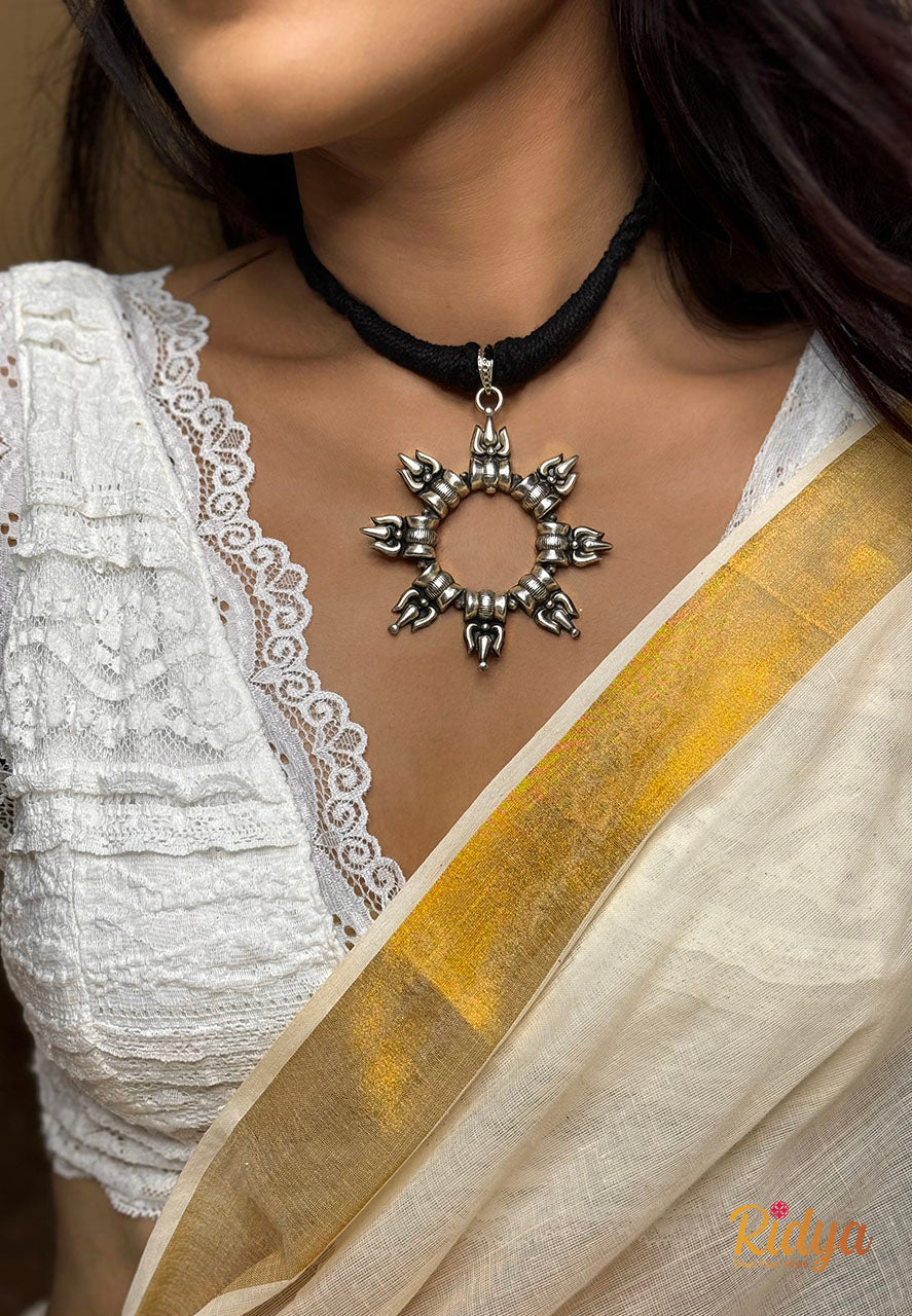 Pure Silver Necklace Design-Shiva Damru Trishul Thread Necklace (1) Ridya Fashions